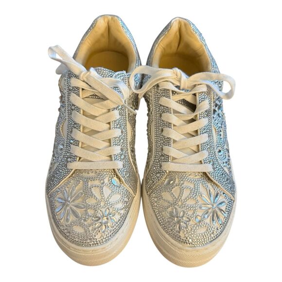 Betsey Johnson Rhinestone Sneakers Women Shoes Sz 9 Lenon White Silver Sparkle - Picture 3 of 12